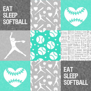 Eat Sleep Softball - softball patchwork - heart softball - fast pitch wholecloth - teal and grey - LAD20