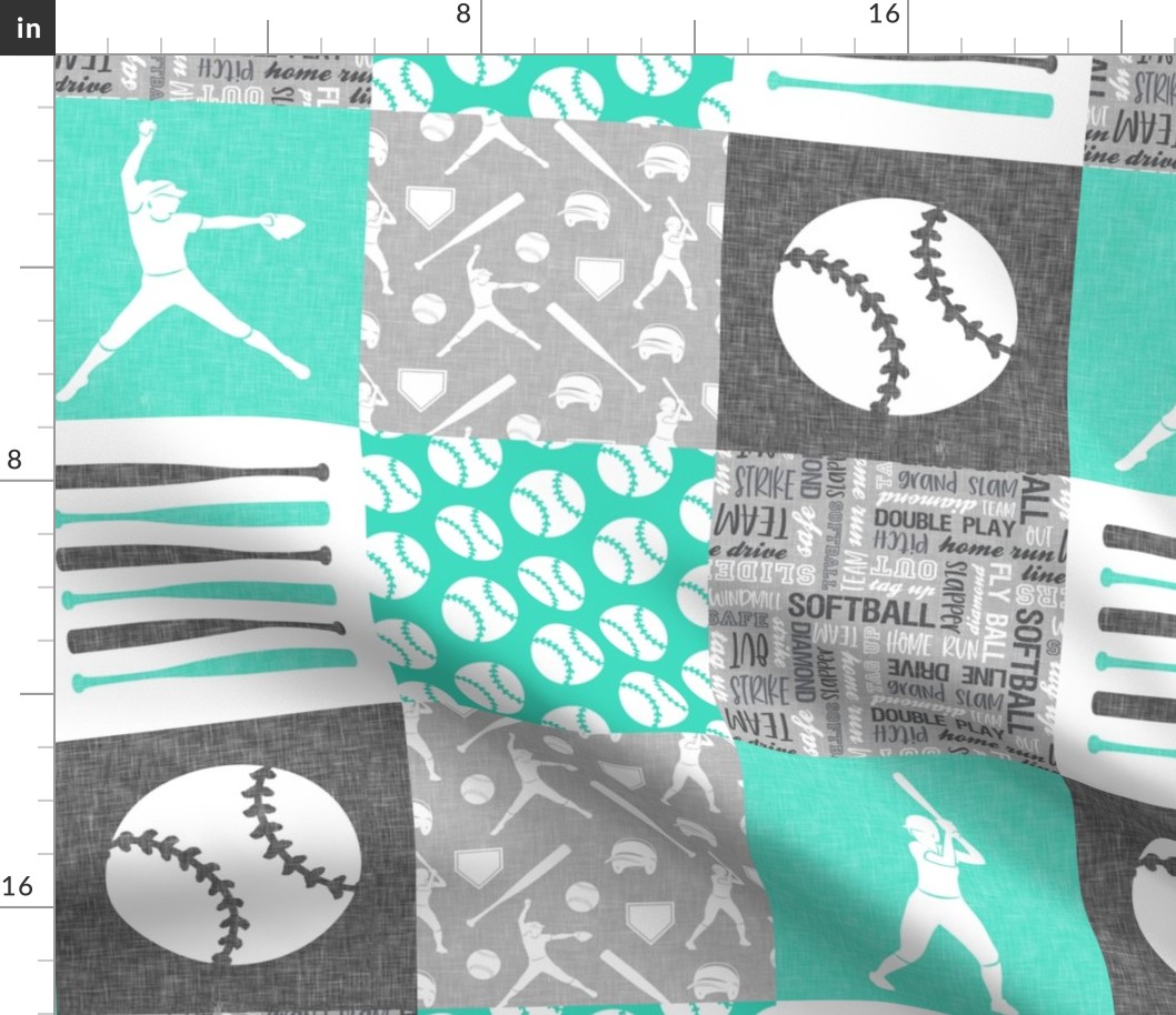 Softball patchwork - fastpitch  wholecloth - sports -  grey and teal - LAD20