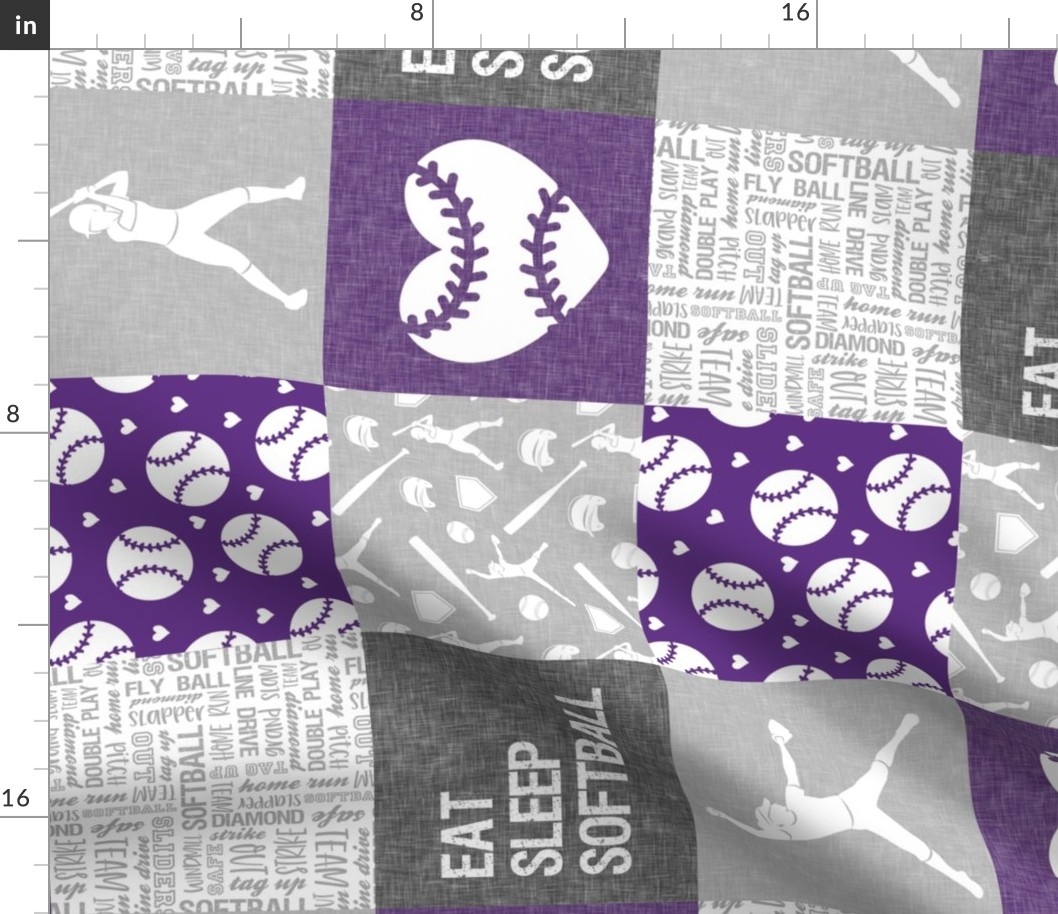 Eat Sleep Softball - softball patchwork - heart softball - fast pitch wholecloth - purple (90) - LAD20