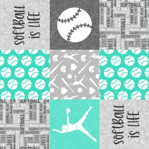 Softball is life - Softball wholecloth - patchwork sports - teal and grey (90) - LAD20