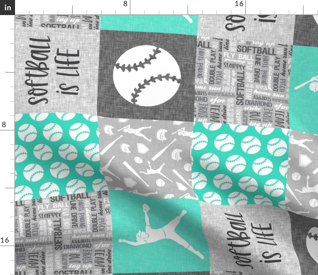 Softball is life - Softball wholecloth - patchwork sports - teal and grey (90) - LAD20