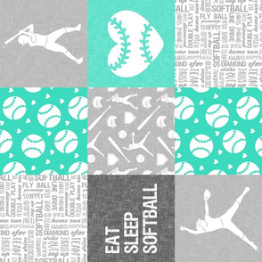 Eat Sleep Softball - softball patchwork - heart softball - fast pitch wholecloth - teal and grey (90) - LAD20