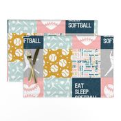 Eat Sleep Softball - softball patchwork - heart softball - fast pitch wholecloth - multi colored pink and blue - LAD20