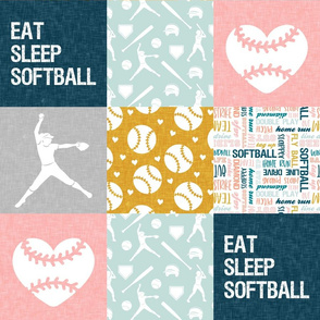 Eat Sleep Softball - softball patchwork - heart softball - fast pitch wholecloth - multi colored pink and blue - LAD20