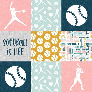 Softball is life - Softball wholecloth - patchwork sports - multi colored pink and blue - LAD20