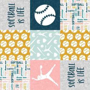 Softball is life - Softball wholecloth - patchwork sports - multi colored pink and blue (90) - LAD20
