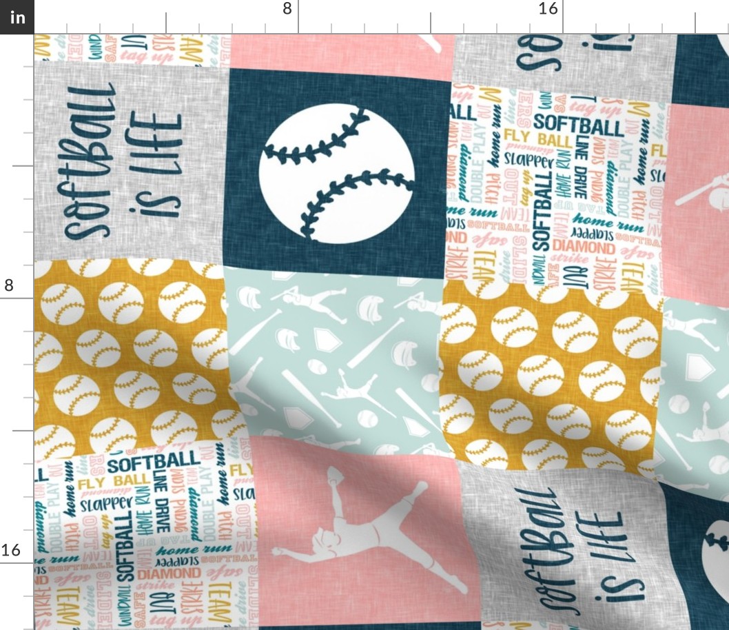 Softball is life - Softball wholecloth - patchwork sports - multi colored pink and blue (90) - LAD20
