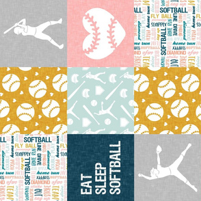 Eat Sleep Softball - softball patchwork - heart softball - fast pitch wholecloth - multi colored pink and blue (90) - LAD20