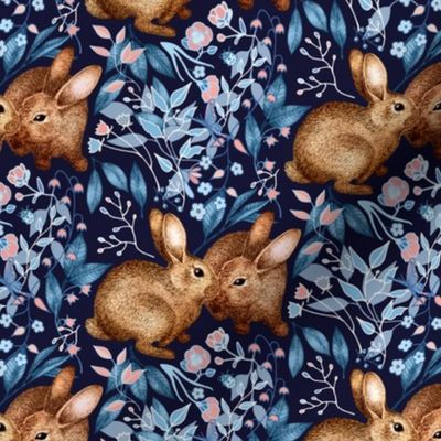 Spring Rabbit Pair - on navy blue