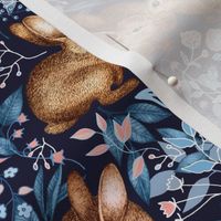 Spring Rabbit Pair - on navy blue