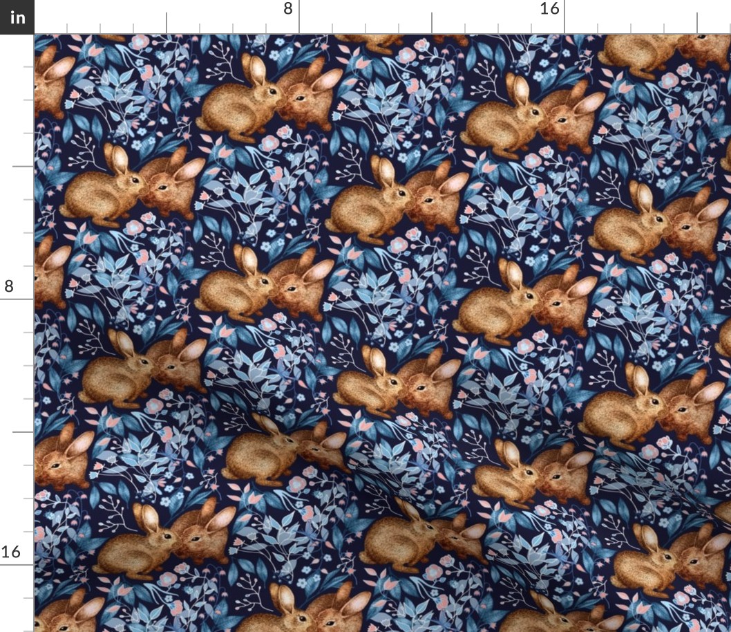 Spring Rabbit Pair - on navy blue