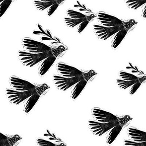 folk bird flying fabric - linocut fabric, andrea lauren design - white and black