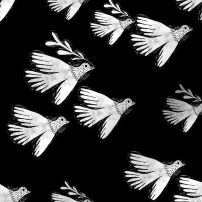 folk bird flying fabric - linocut fabric, andrea lauren design - black