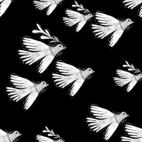 folk bird flying fabric - linocut fabric, andrea lauren design - black