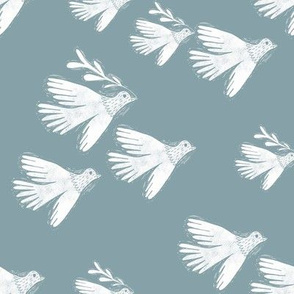 folk bird flying fabric - linocut fabric, andrea lauren design - dusty blue