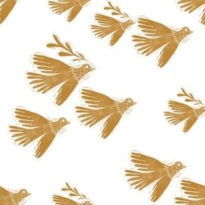folk bird flying fabric - linocut fabric, andrea lauren design - mustard on white