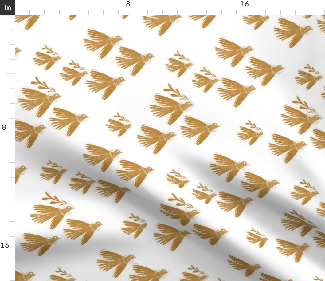 folk bird flying fabric - linocut fabric, andrea lauren design - mustard on white