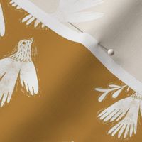 folk bird flying fabric - linocut fabric, andrea lauren design - mustard
