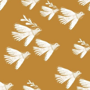folk bird flying fabric - linocut fabric, andrea lauren design - mustard