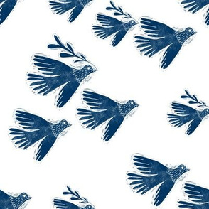 folk bird flying fabric - linocut fabric, andrea lauren design -  navy