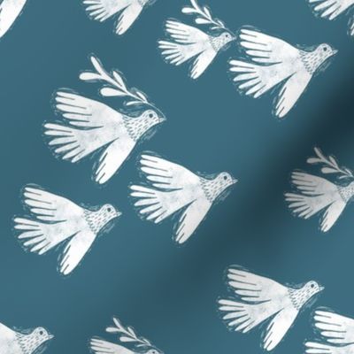 folk bird flying fabric - linocut fabric, andrea lauren design - petrol