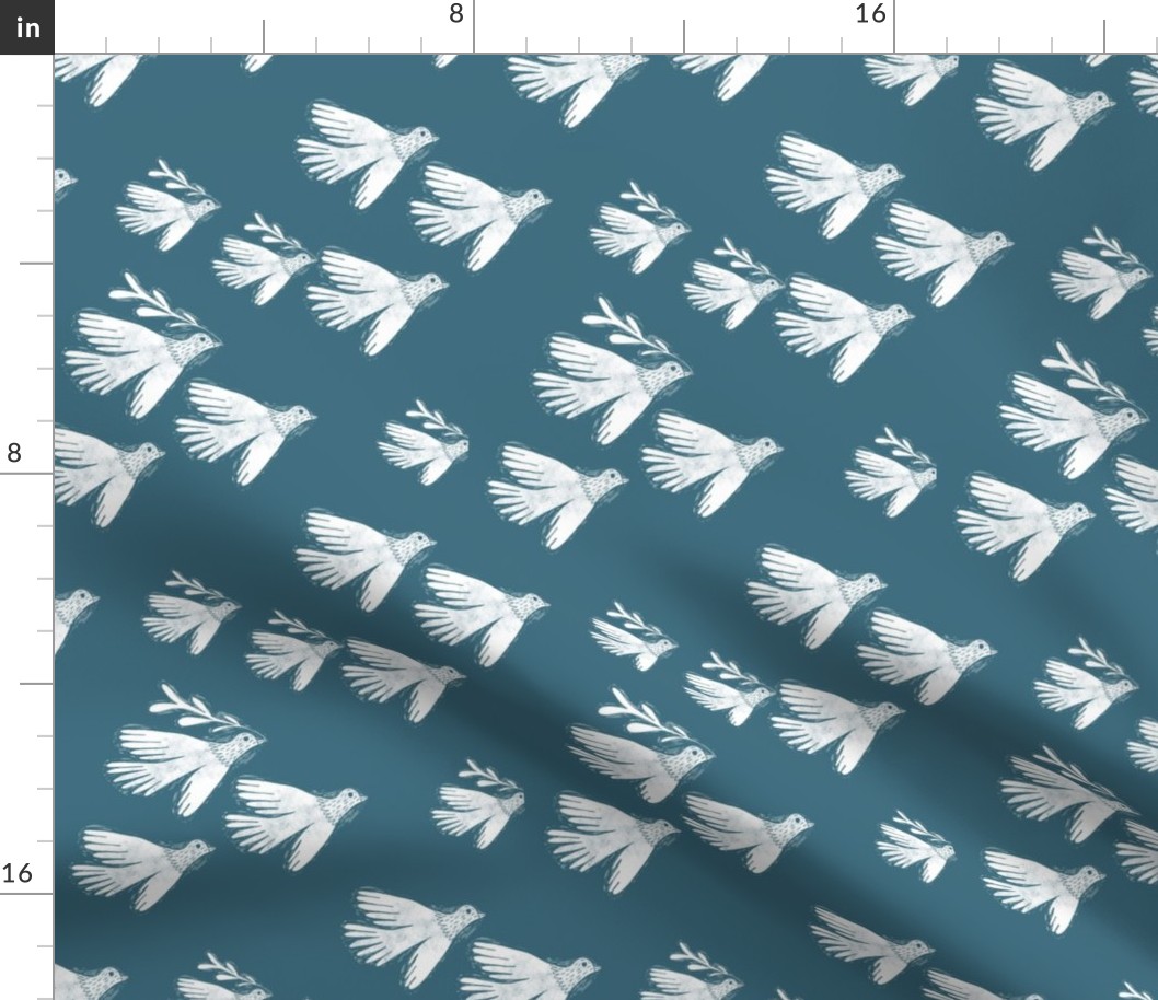folk bird flying fabric - linocut fabric, andrea lauren design - petrol