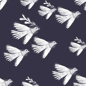 folk bird flying fabric - linocut fabric, andrea lauren design -  dark blue