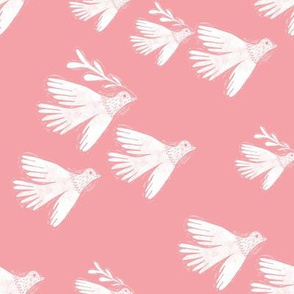 folk bird flying fabric - linocut fabric, andrea lauren design -  pink