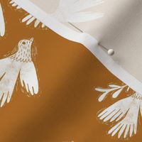 folk bird flying fabric - linocut fabric, andrea lauren design - rust