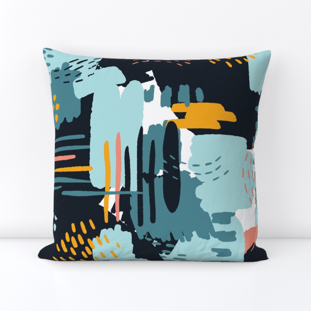 LARGE Painterly Strokes and Abstract  Color Blocking in Navy Blue and Gold