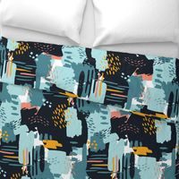 LARGE Painterly Strokes and Abstract  Color Blocking in Navy Blue and Gold