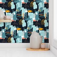 LARGE Painterly Strokes and Abstract  Color Blocking in Navy Blue and Gold