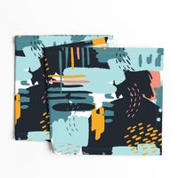 LARGE Painterly Strokes and Abstract  Color Blocking in Navy Blue and Gold