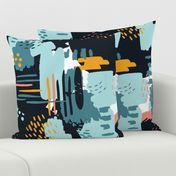 LARGE Painterly Strokes and Abstract  Color Blocking in Navy Blue and Gold