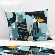 LARGE Painterly Strokes and Abstract  Color Blocking in Navy Blue and Gold