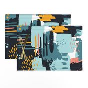 LARGE Painterly Strokes and Abstract  Color Blocking in Navy Blue and Gold