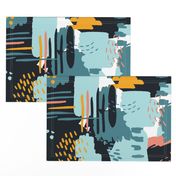 LARGE Painterly Strokes and Abstract  Color Blocking in Navy Blue and Gold