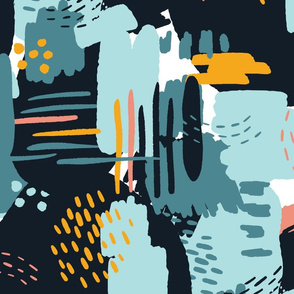 LARGE Painterly Strokes and Abstract  Color Blocking in Navy Blue and Gold