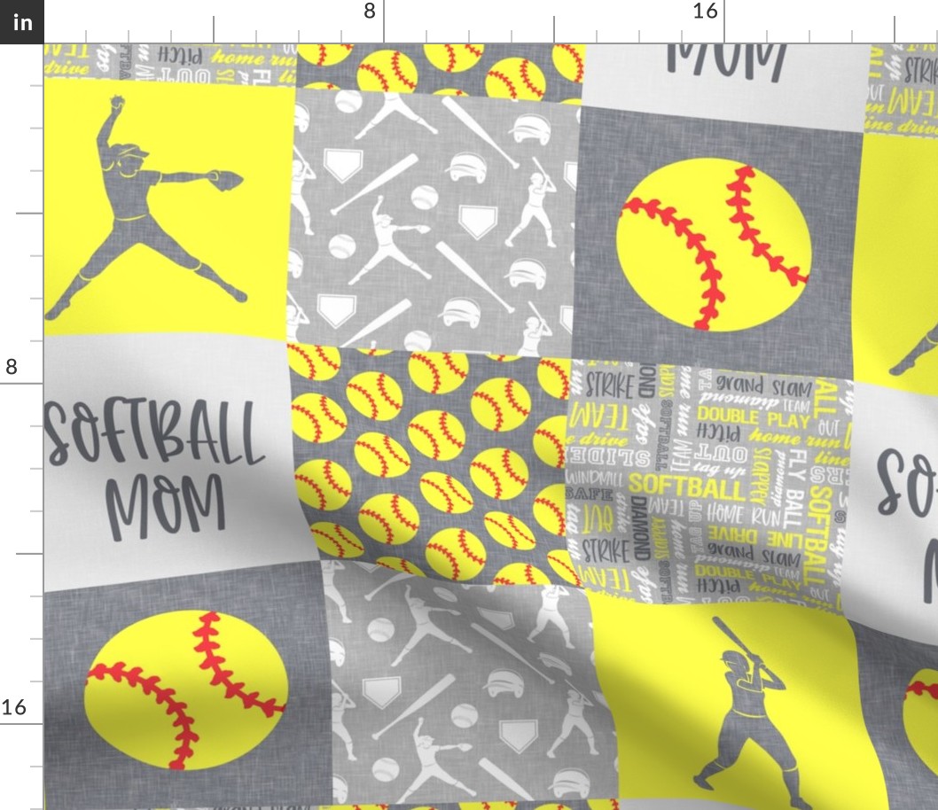 Softball Mom - Softball wholecloth - patchwork sports - yellow and grey - LAD20