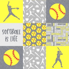 Softball is life - Softball wholecloth - patchwork sports - grey and yellow - LAD20