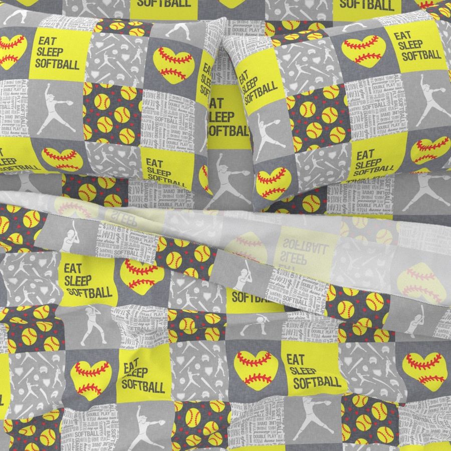 Eat Sleep Softball - softball patchwork - heart softball - fast pitch wholecloth - yellow and grey - LAD20