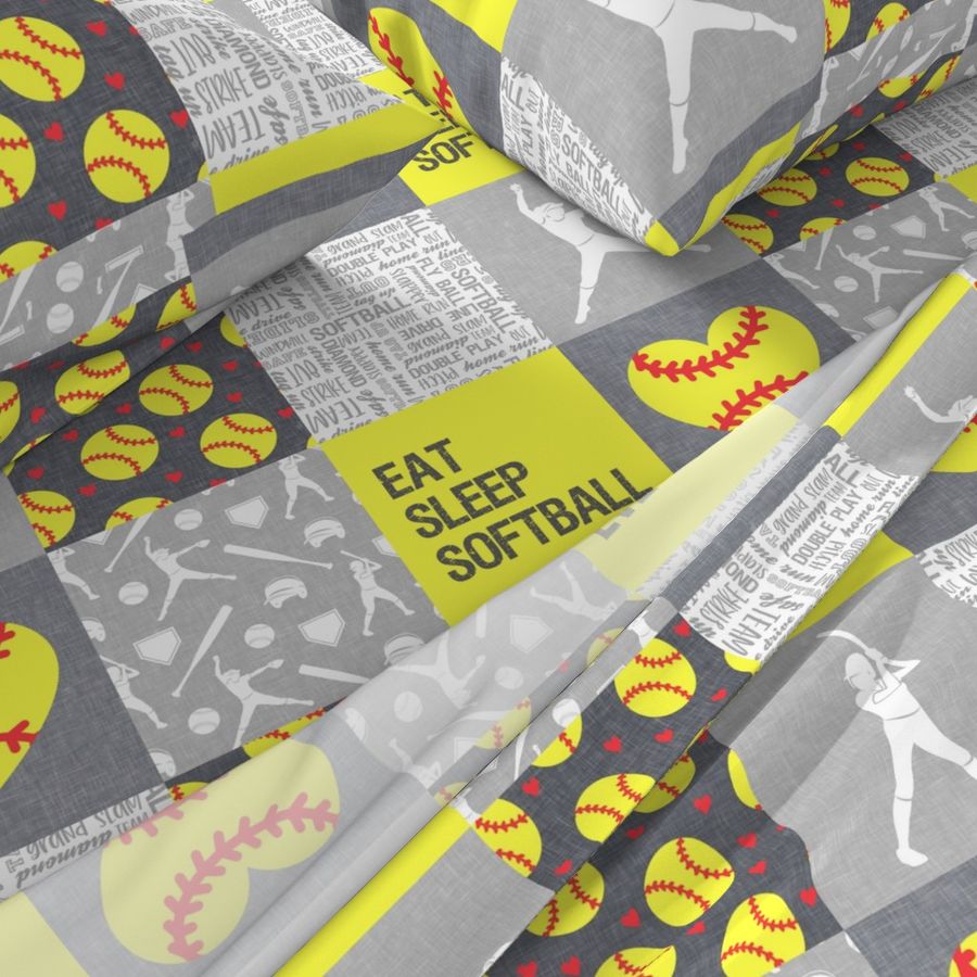 Eat Sleep Softball - softball patchwork - heart softball - fast pitch wholecloth - yellow and grey - LAD20