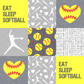 Eat Sleep Softball - softball patchwork - heart softball - fast pitch wholecloth - yellow and grey - LAD20