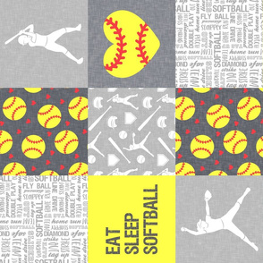 Eat Sleep Softball - softball patchwork - heart softball - fast pitch wholecloth - yellow and grey (90) - LAD20