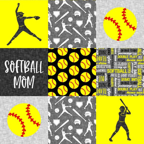 Softball Mom - Softball wholecloth - patchwork sports - black and yellow - LAD20