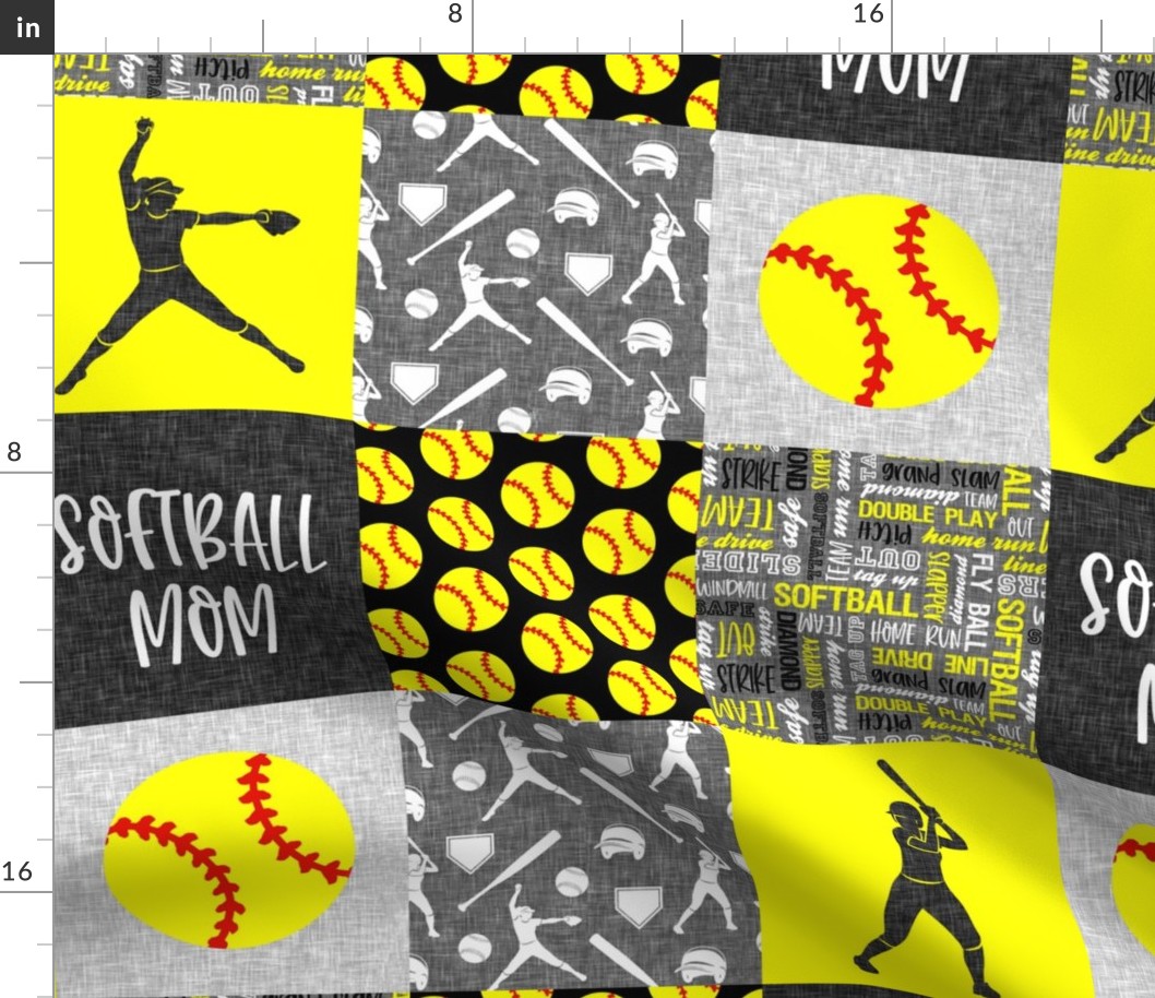 Softball Mom - Softball wholecloth - patchwork sports - black and yellow - LAD20