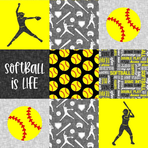 Softball is life - Softball wholecloth - patchwork sports - black and yellow - LAD20