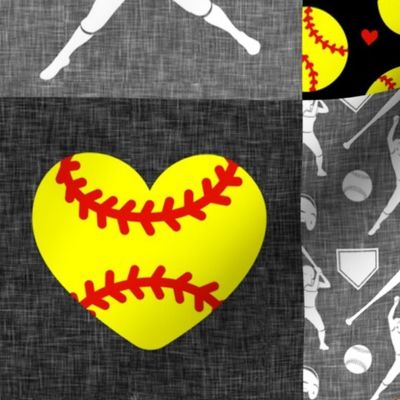 Eat Sleep Softball - softball patchwork - heart softball - fast pitch wholecloth - black and yellow - LAD20