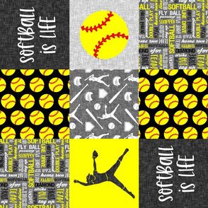 Softball is life - Softball wholecloth - patchwork sports - black and yellow (90) - LAD20