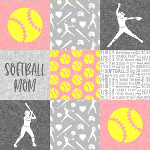 Softball Mom - Softball wholecloth - patchwork sports -pink  and yellow - LAD20